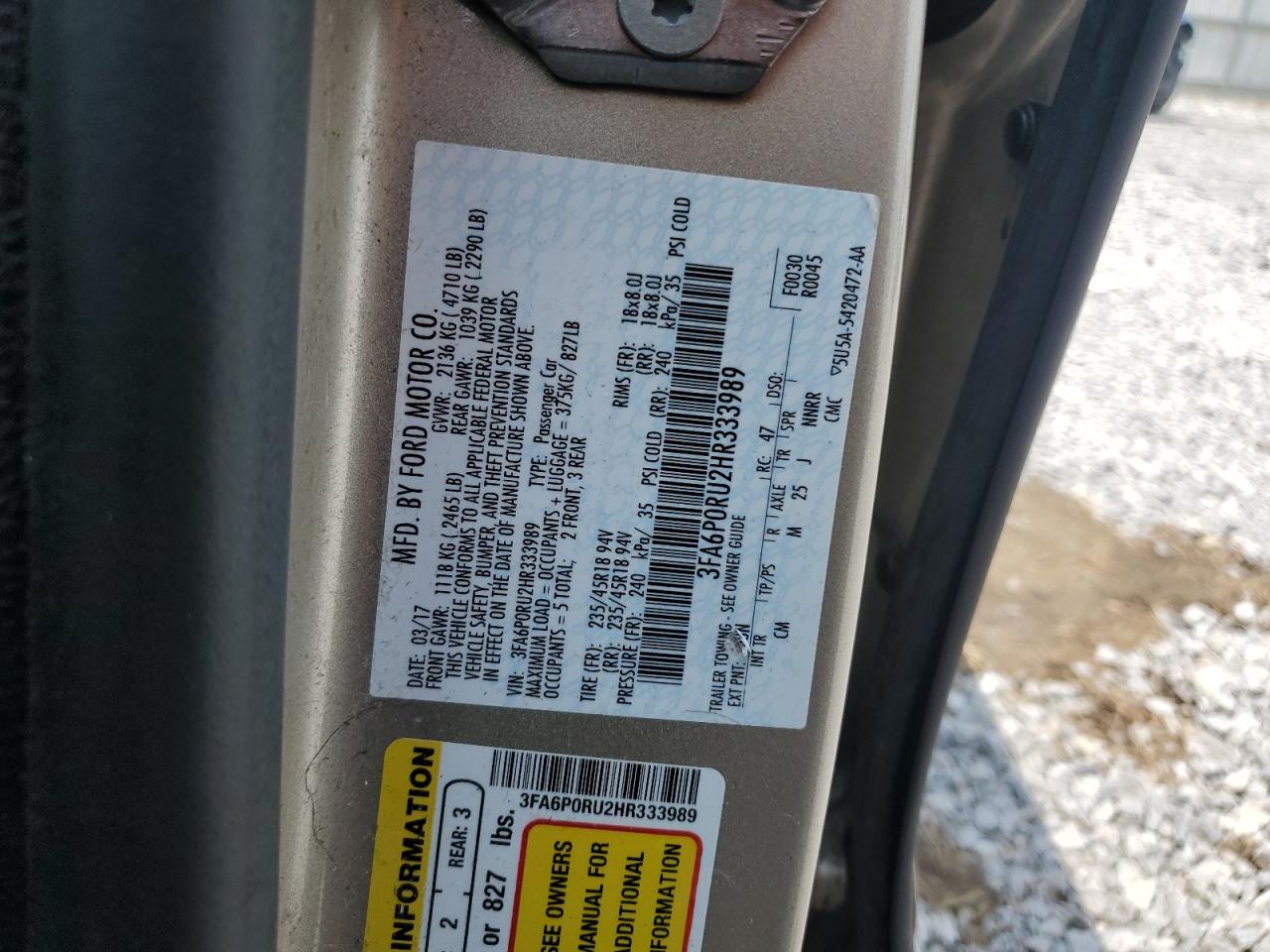 2017 Ford Fusion Titanium Hev VIN: 3FA6P0RU2HR333989 Lot: 62497215