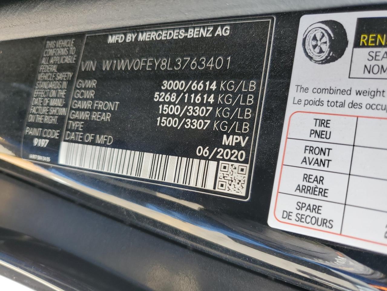 2020 Mercedes-Benz Metris VIN: W1WV0FEY8L3763401 Lot: 62160895