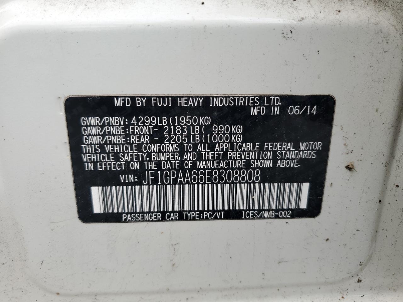 2014 Subaru Impreza VIN: JF1GPAA66E8308808 Lot: 62564335