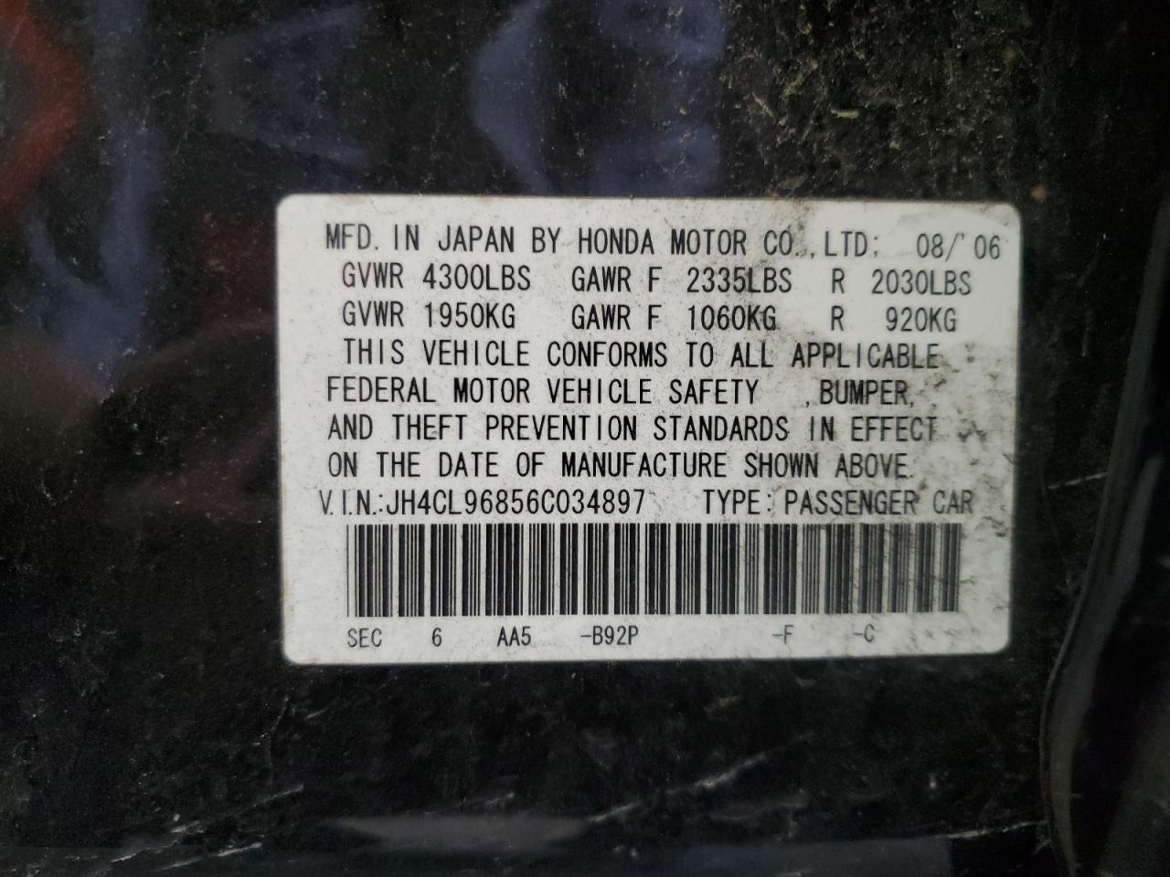 2006 Acura Tsx VIN: JH4CL96856C034897 Lot: 62306675