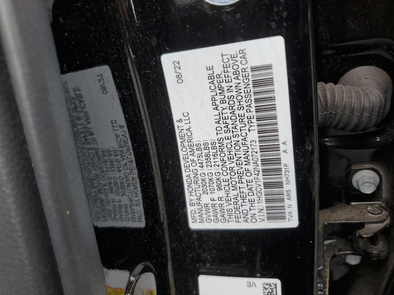2022 Honda Accord Sport Se VIN: 1HGCV1F42NA072173 Lot: 61340625