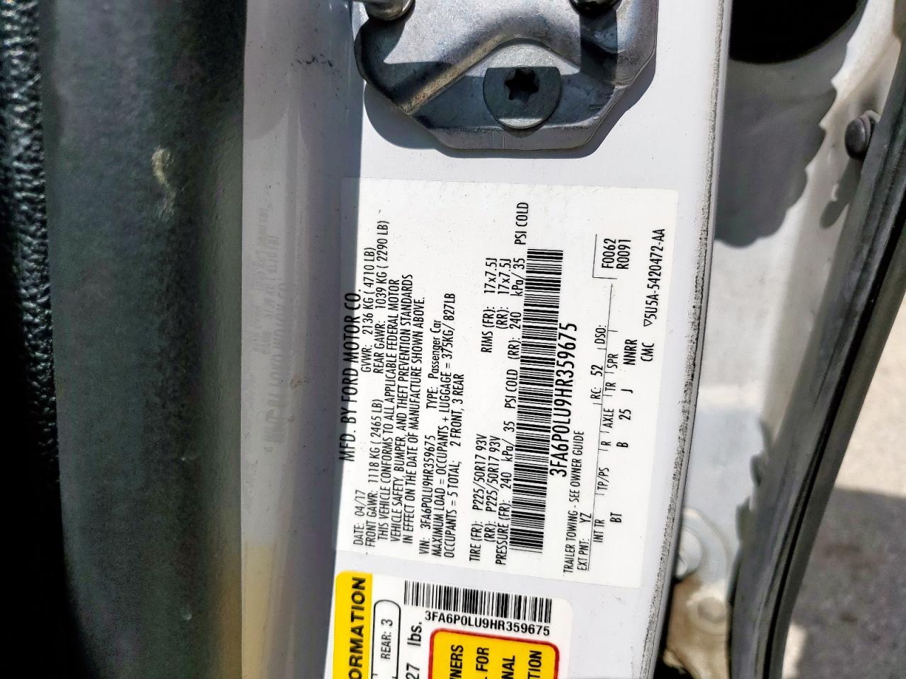 2017 Ford Fusion Se Hybrid VIN: 3FA6P0LU9HR359675 Lot: 54032275