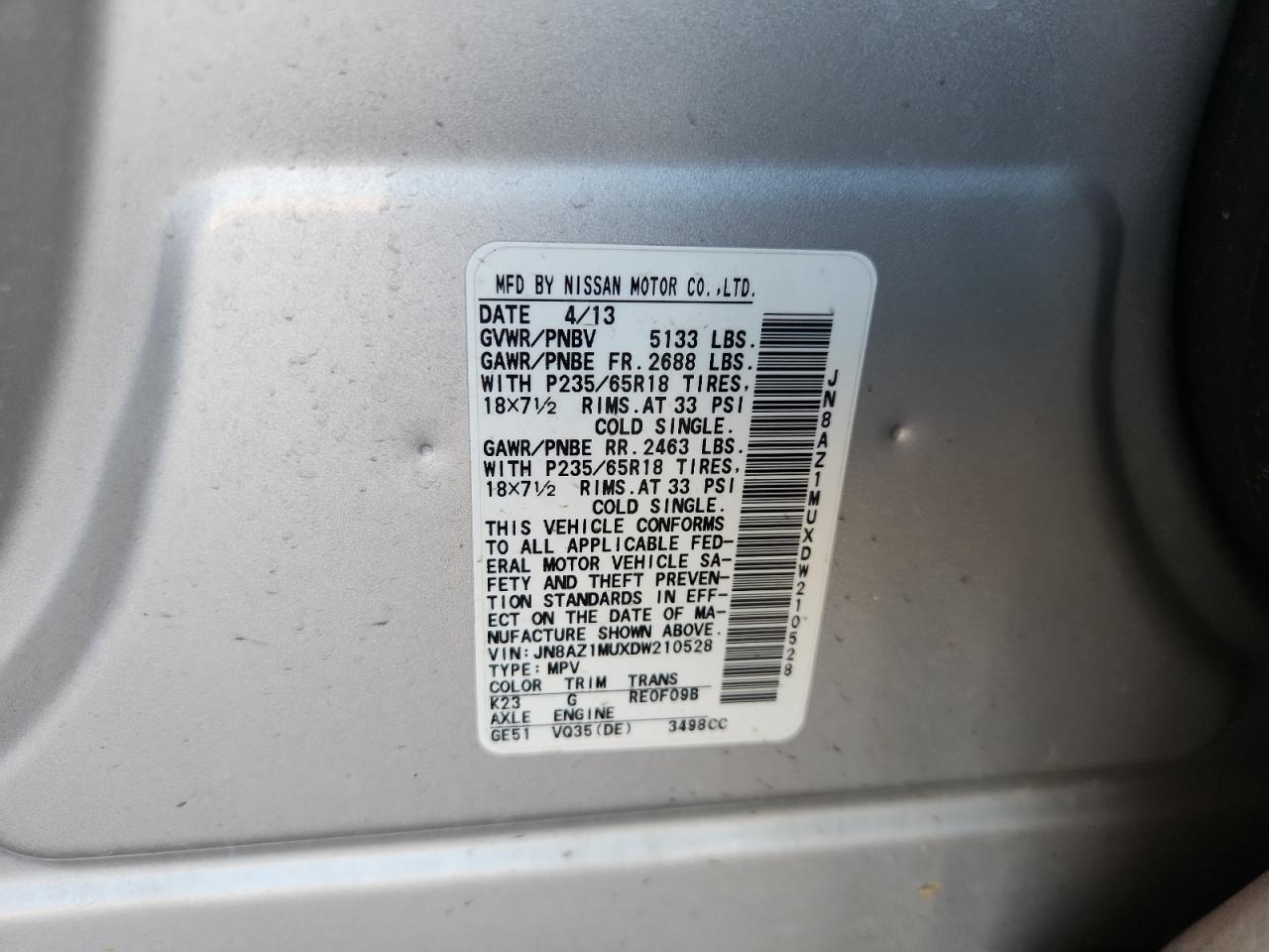 2013 Nissan Murano S VIN: JN8AZ1MUXDW210528 Lot: 60498025