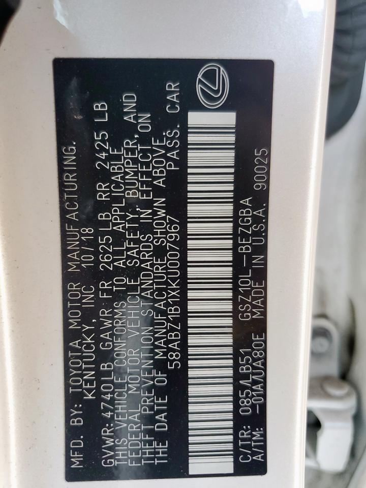 2019 Lexus Es 350 VIN: 58ABZ1B1XKU007967 Lot: 61486565