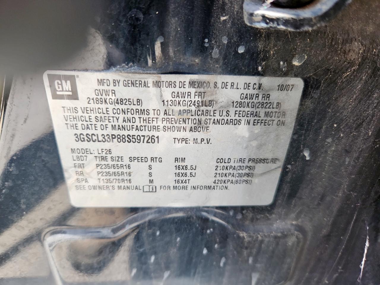SATURN VUE 2008 VIN 3GSCL33P88S597261 фото 13
