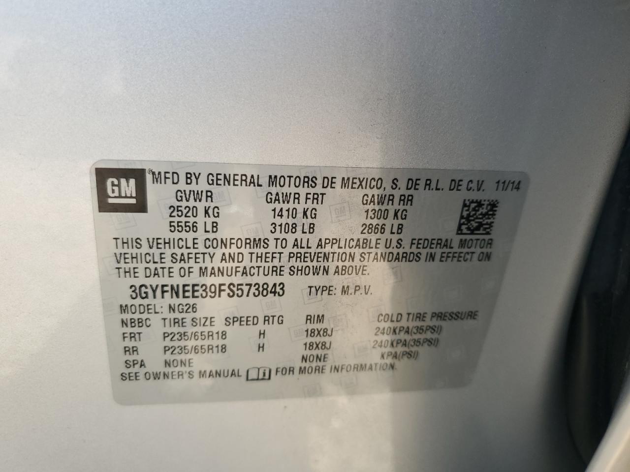 2015 Cadillac Srx Luxury Collection VIN: 3GYFNEE39FS573843 Lot: 62826135