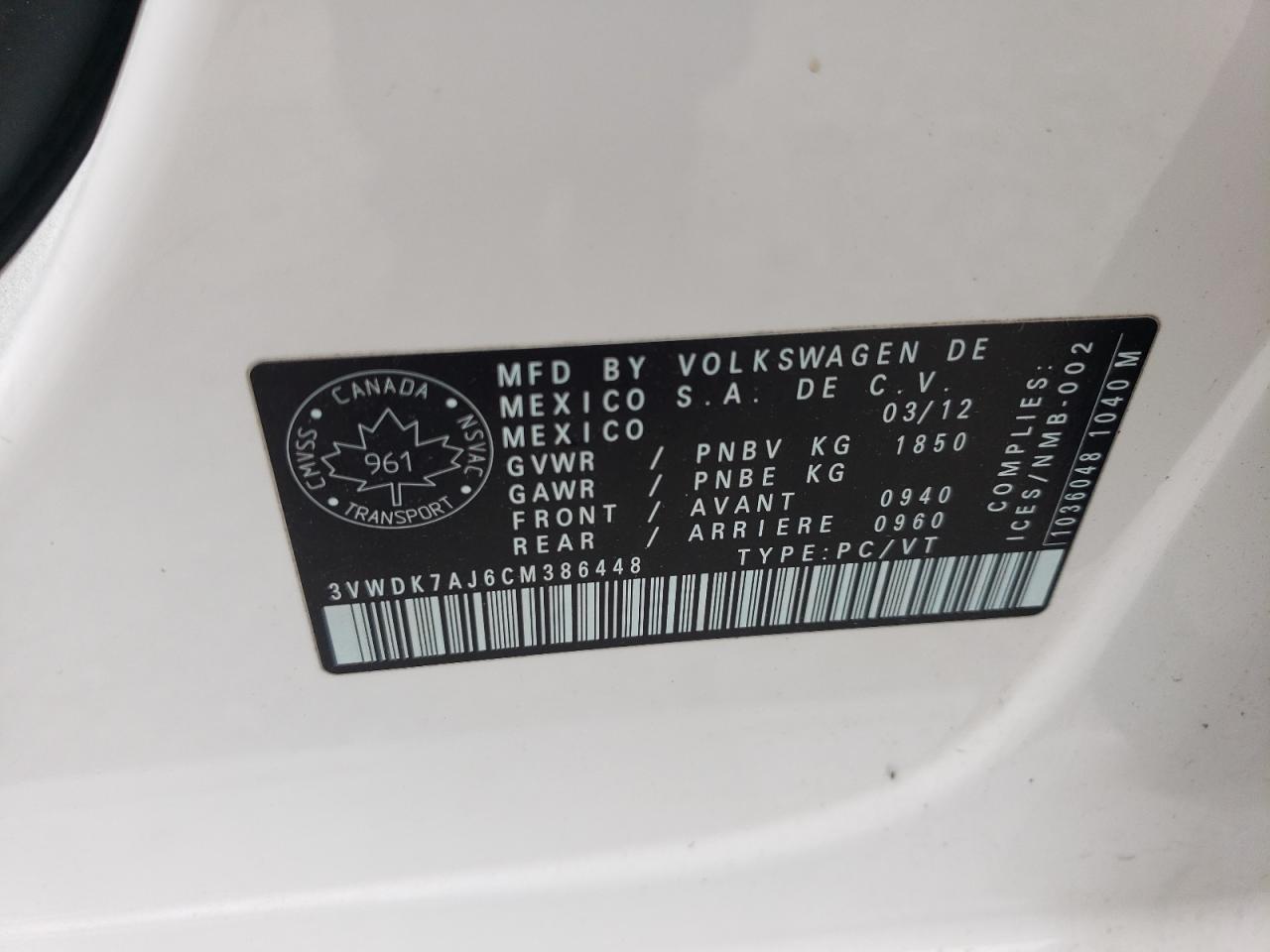 2012 Volkswagen Jetta VIN: 3VWDK7AJ6CM386448 Lot: 61188575