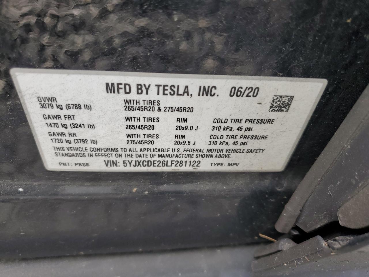 2020 Tesla Model X VIN: 5YJXCDE26LF281122 Lot: 61933665