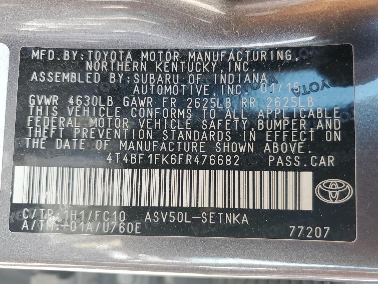 2015 Toyota Camry Le VIN: 4T4BF1FK6FR476682 Lot: 61997705