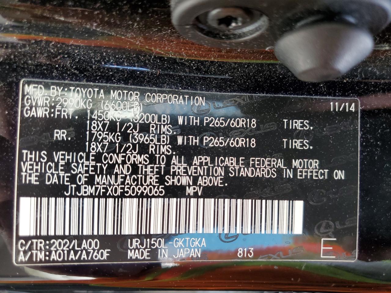 2015 Lexus Gx 460 VIN: JTJBM7FX0F5099065 Lot: 62733535