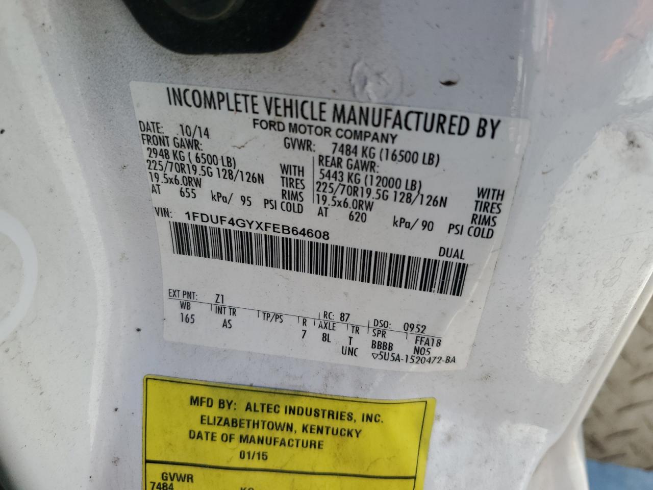 2015 Ford F450 Super Duty VIN: 1FDUF4GYXFEB64608 Lot: 61362805
