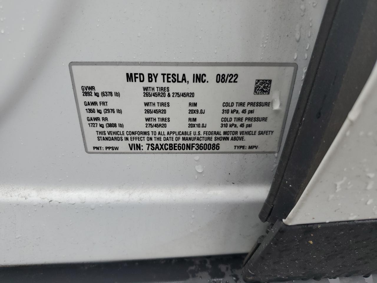 TESLA MODEL X 2022 VIN 7SAXCBE60NF360086 zdjęcie 14
