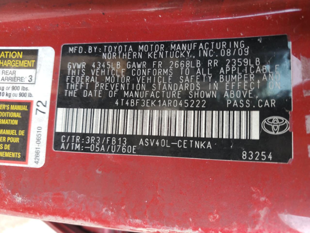 2010 Toyota Camry Base VIN: 4T4BF3EK1AR045222 Lot: 60601385