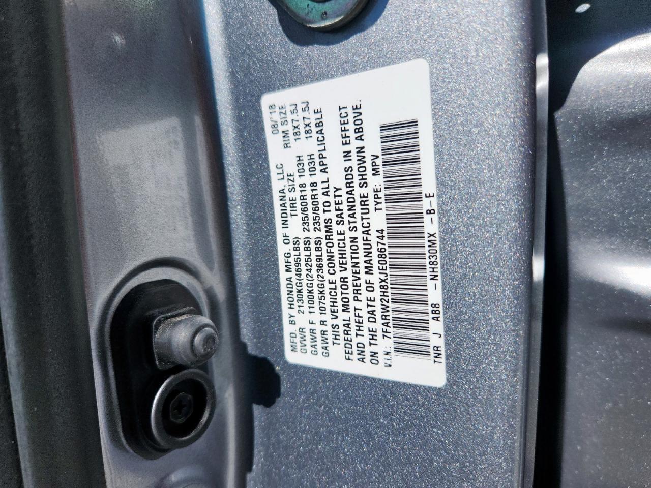2018 Honda Cr-V Exl VIN: 7FARW2H8XJE086744 Lot: 61422025