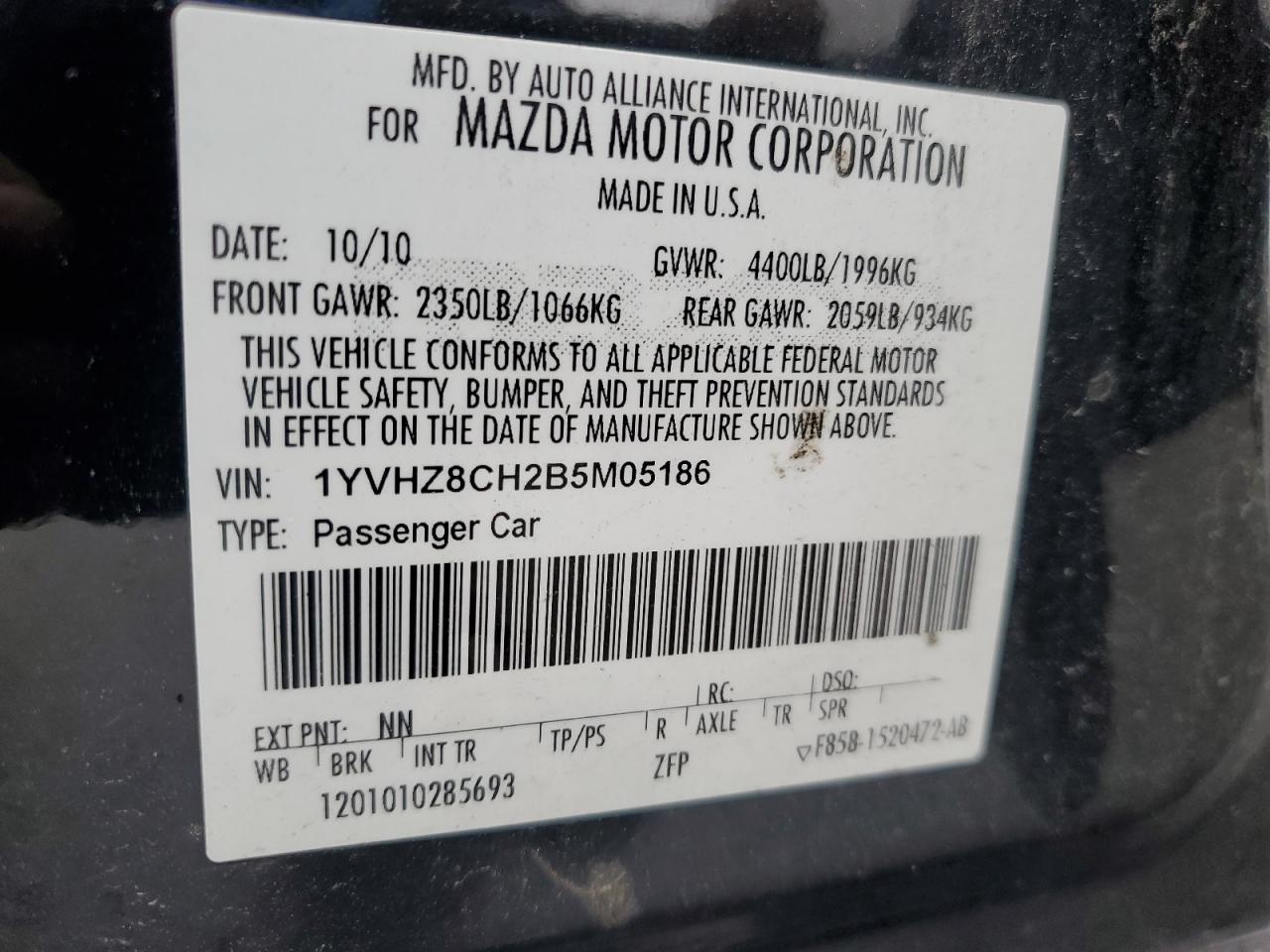 2011 Mazda 6 I VIN: 1YVHZ8CH2B5M05186 Lot: 62468665