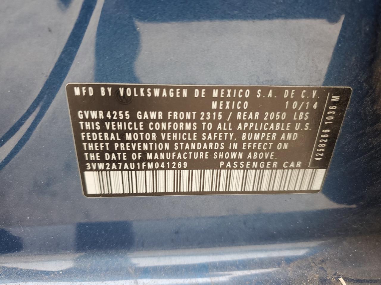 2015 Volkswagen Golf Tdi VIN: 3VW2A7AU1FM041269 Lot: 59534545