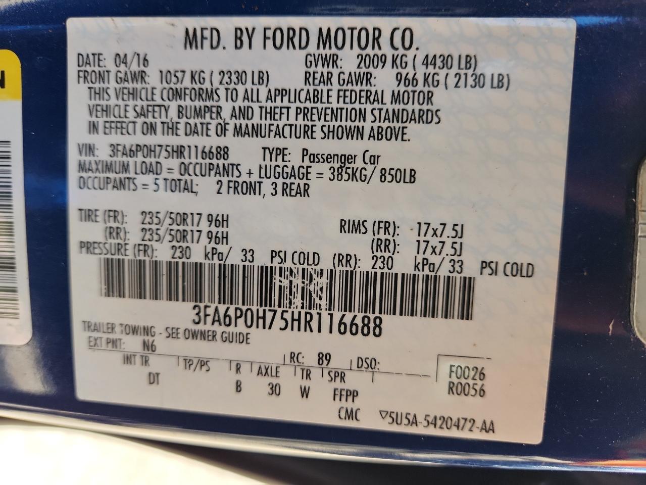 2017 Ford Fusion Se VIN: 3FA6P0H75HR116688 Lot: 63027265