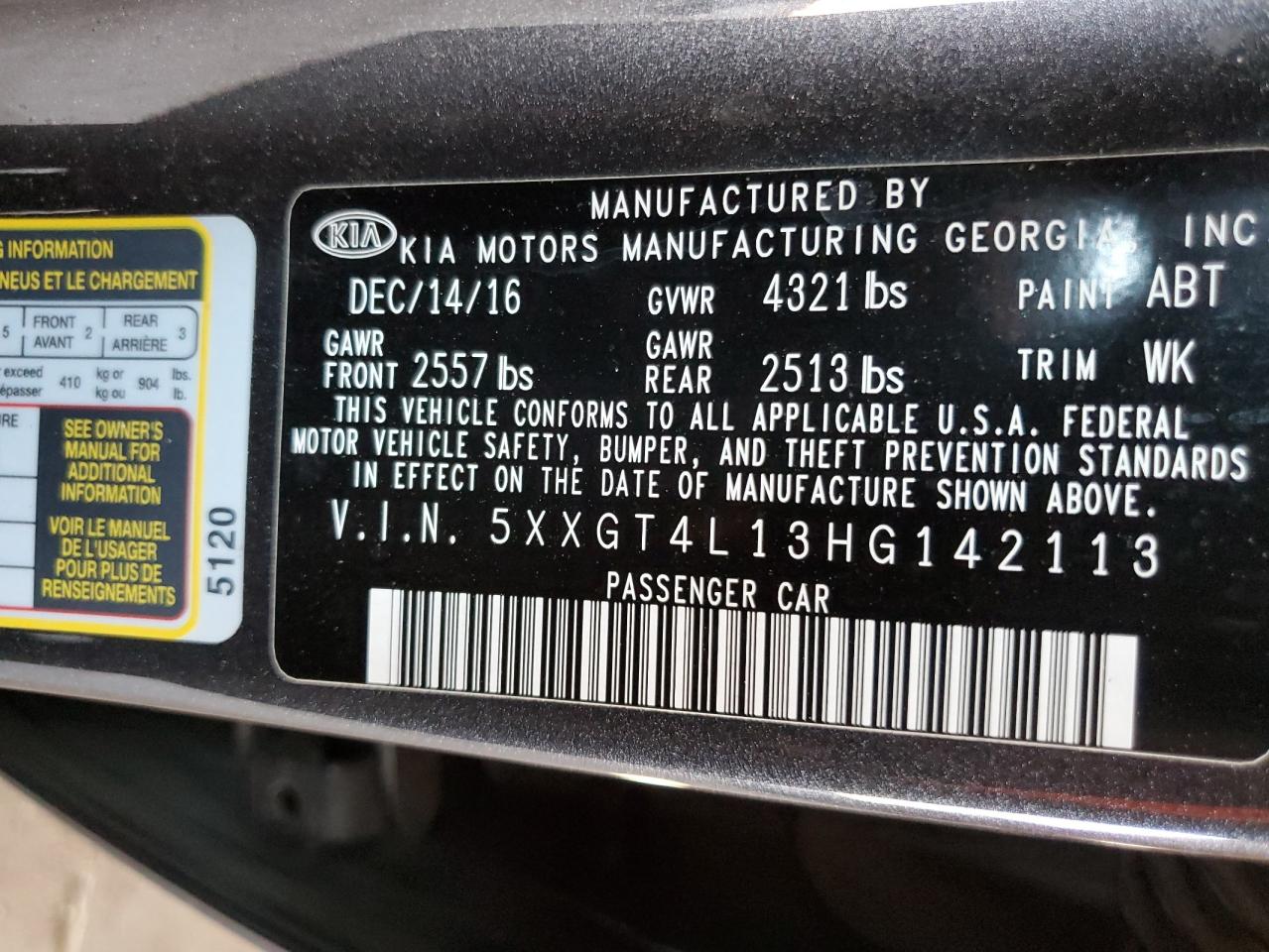 2017 Kia Optima Lx VIN: 5XXGT4L13HG142113 Lot: 62197485