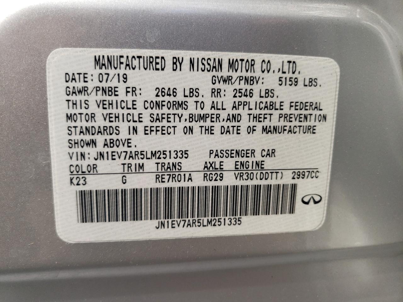 2020 Infiniti Q50 Pure VIN: JN1EV7AR5LM251335 Lot: 60624335
