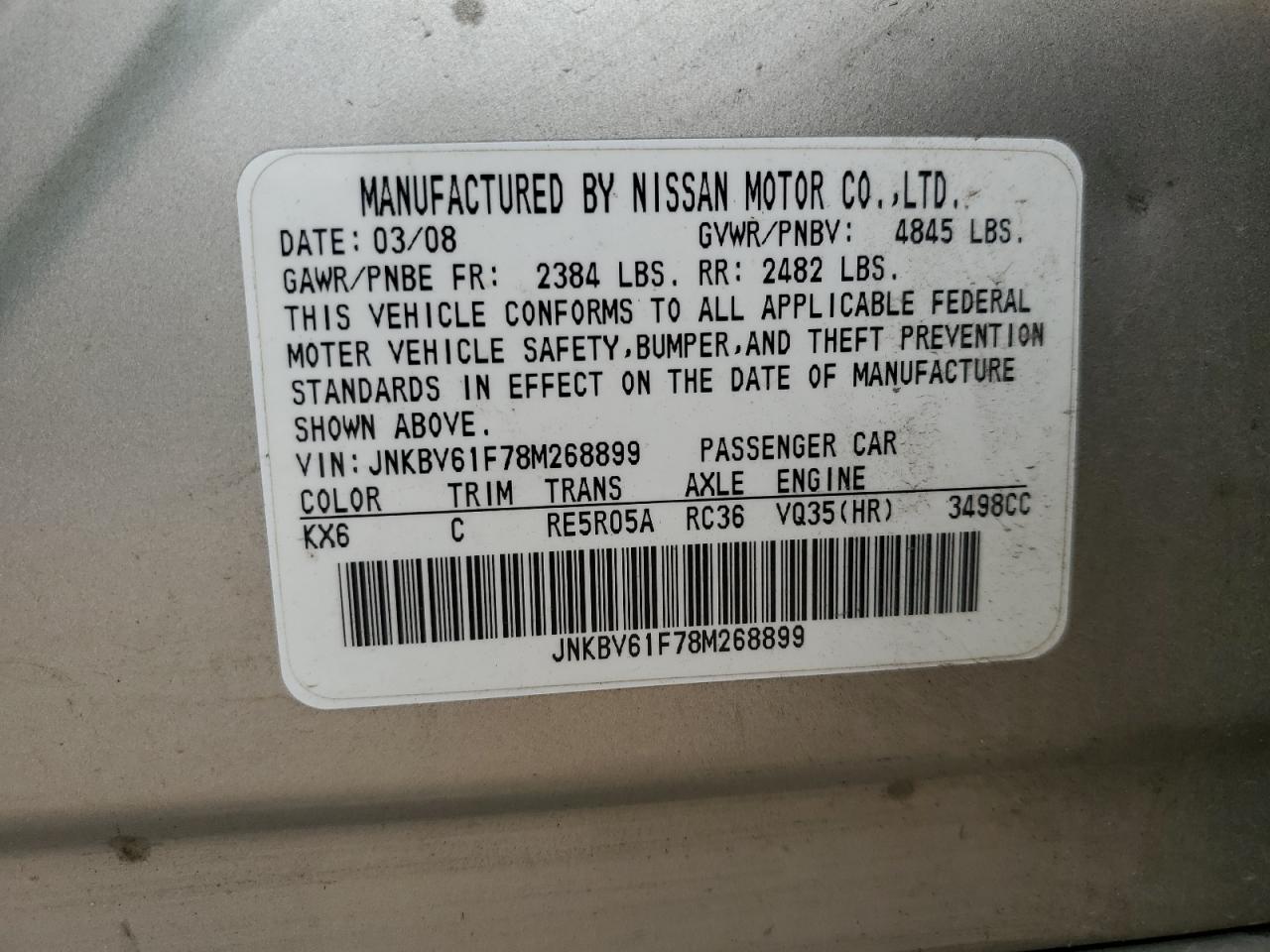 2008 Infiniti G35 VIN: JNKBV61F78M268899 Lot: 59040135