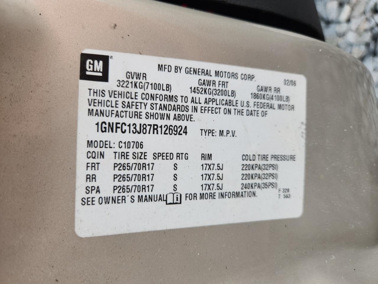 2007 Chevrolet Tahoe C1500 VIN: 1GNFC13J87R126924 Lot: 54045695