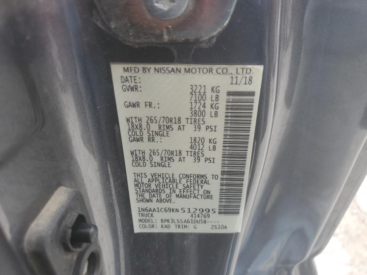 2019 Nissan Titan Sv VIN: 1N6AA1C69KN512995 Lot: 63192405
