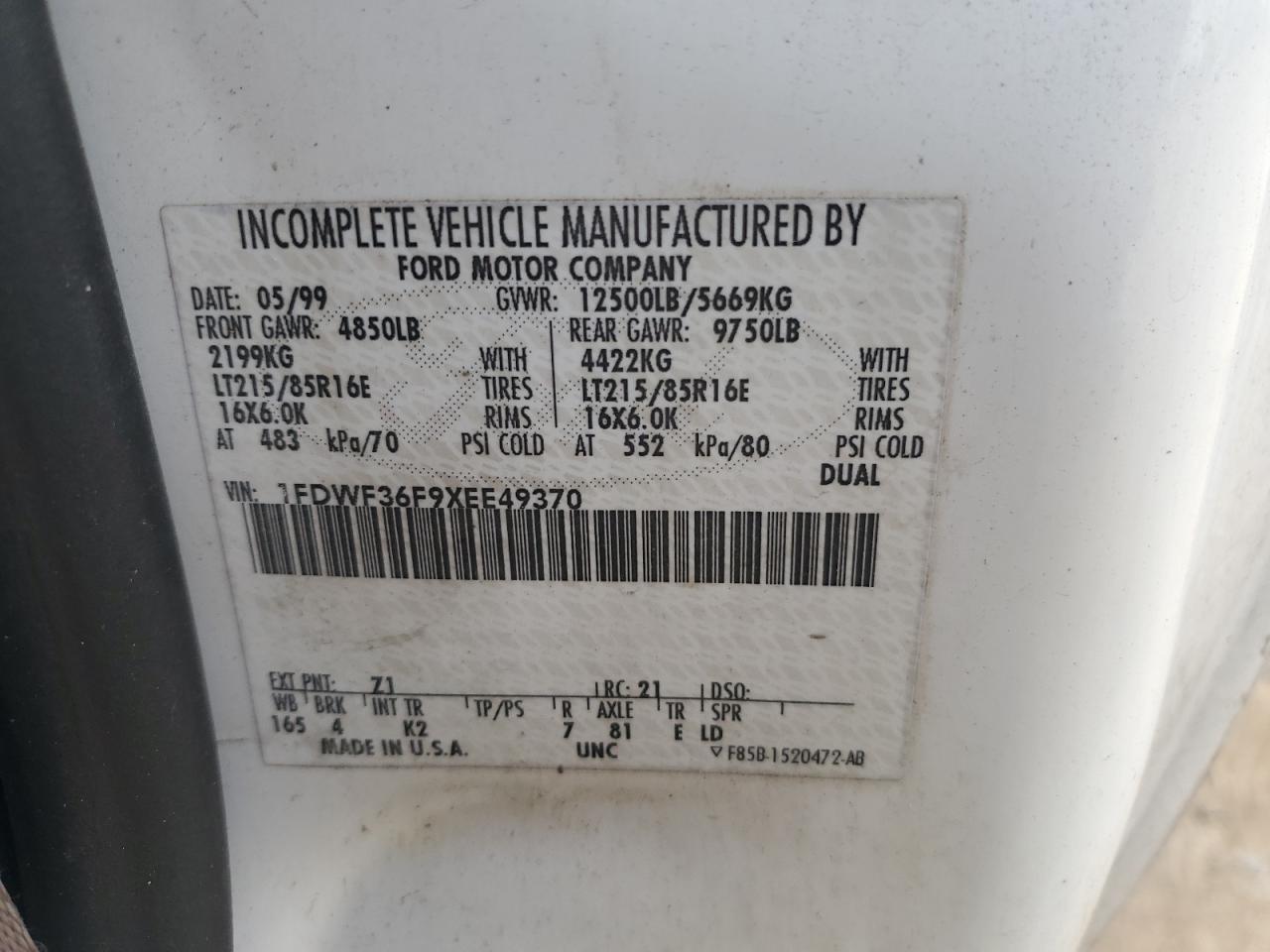 1999 Ford F350 Super Duty VIN: 1FDWF36F9XEE49370 Lot: 59525015