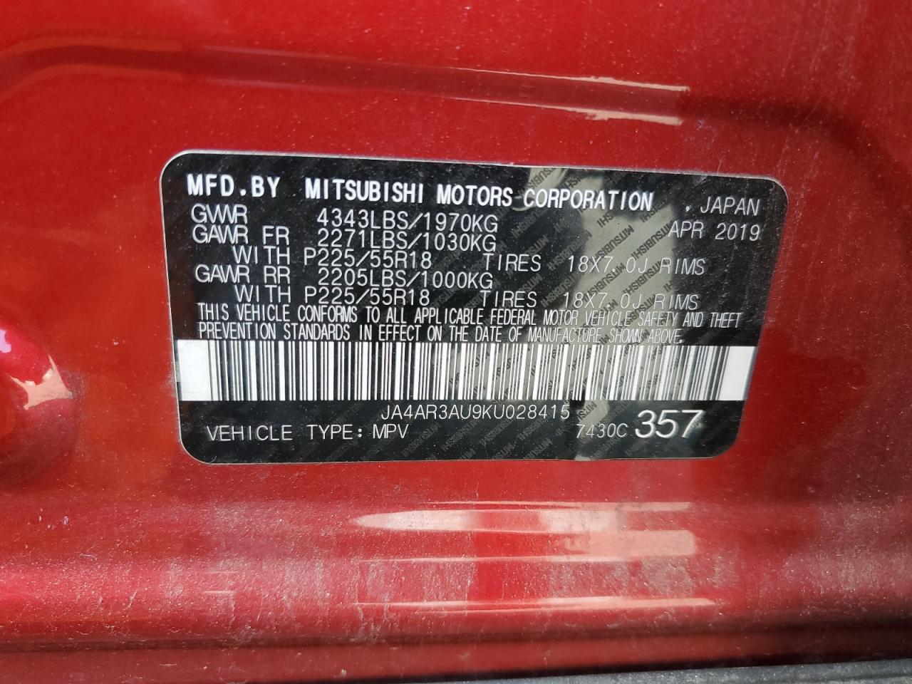 2019 Mitsubishi Outlander Sport Es VIN: JA4AR3AU9KU028415 Lot: 61918435
