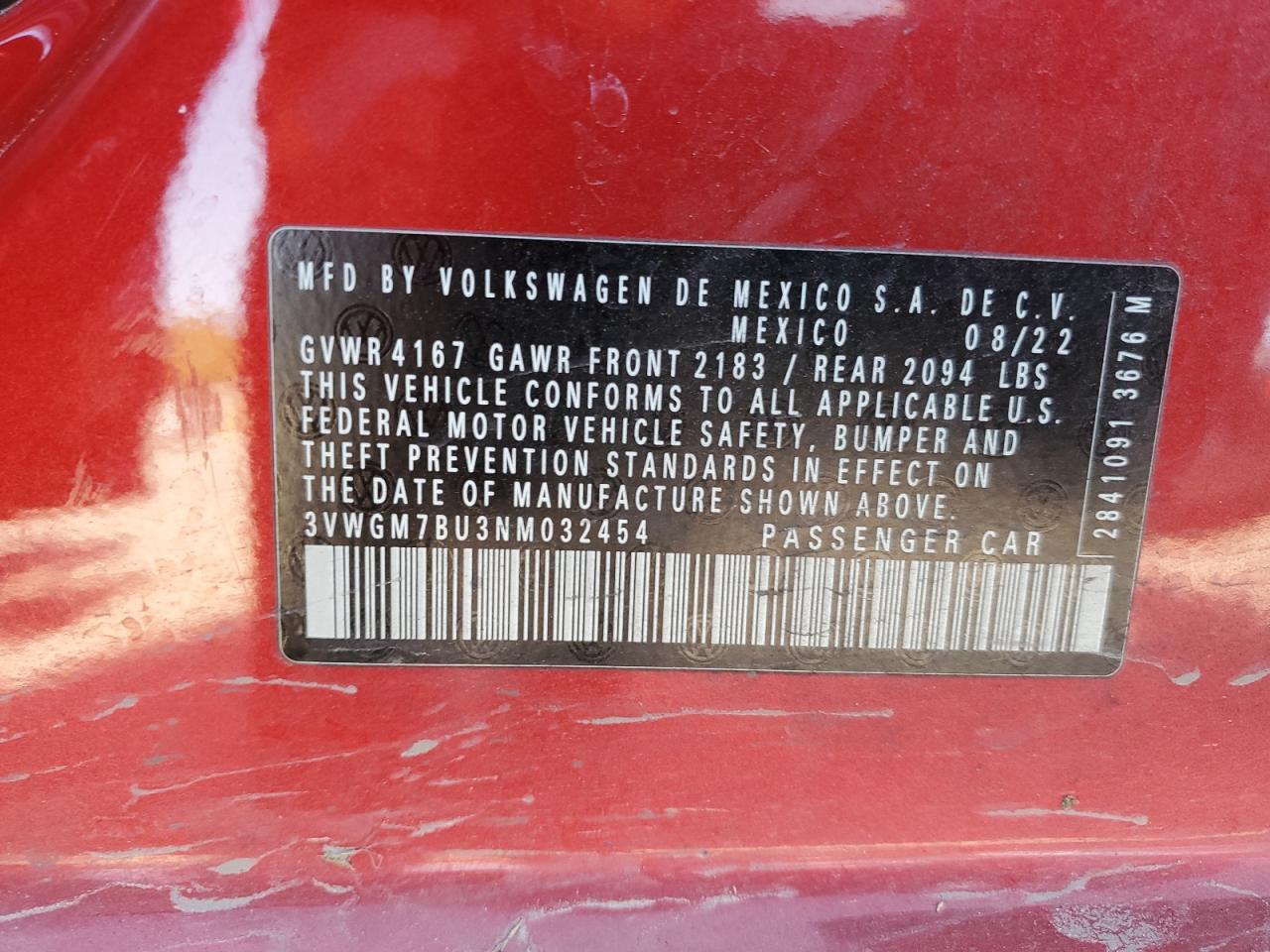 2022 Volkswagen Jetta Sel VIN: 3VWGM7BU3NM032454 Lot: 61386255