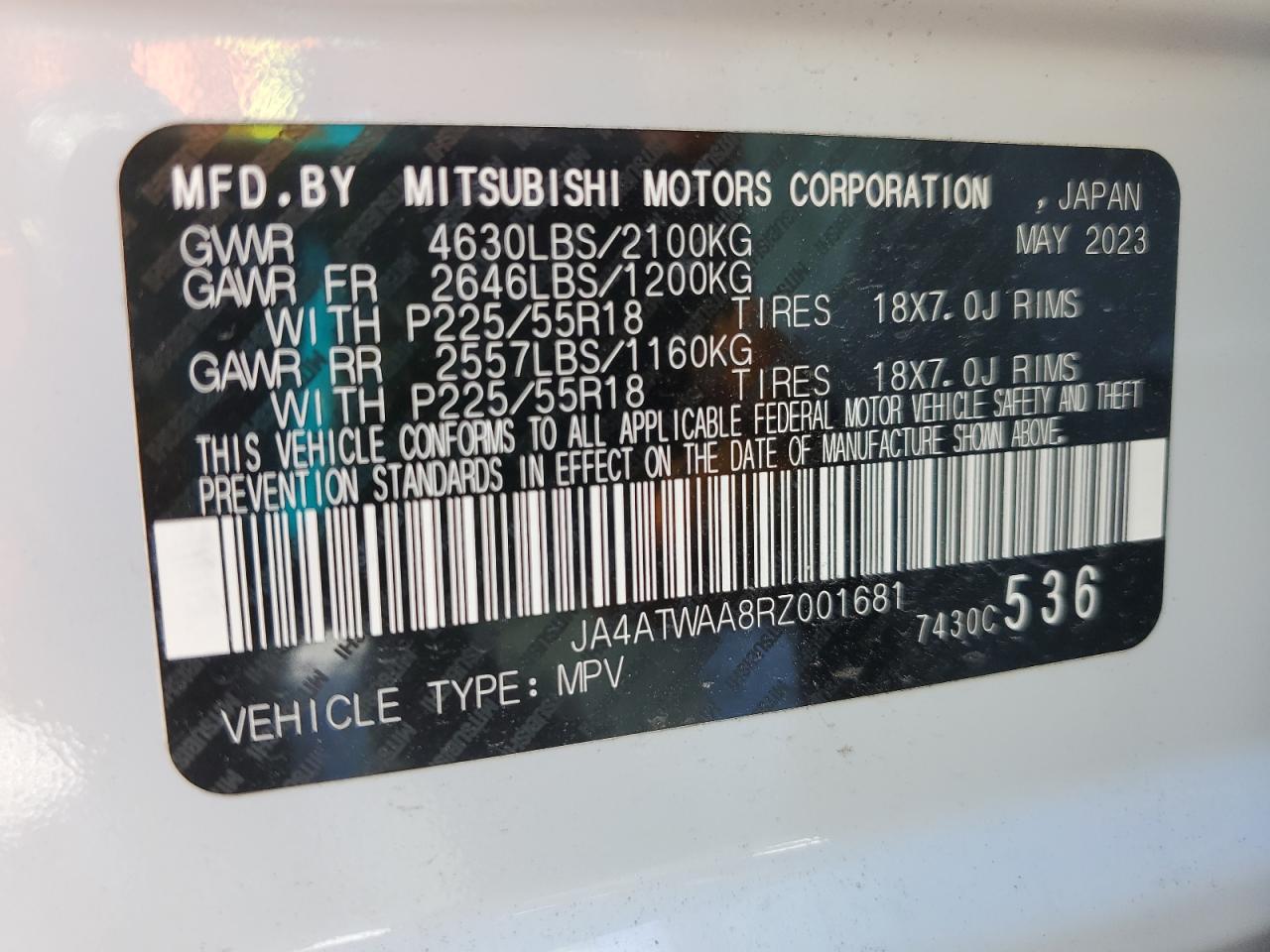 2024 Mitsubishi Eclipse Cross Se VIN: JA4ATWAA8RZ001681 Lot: 62952375