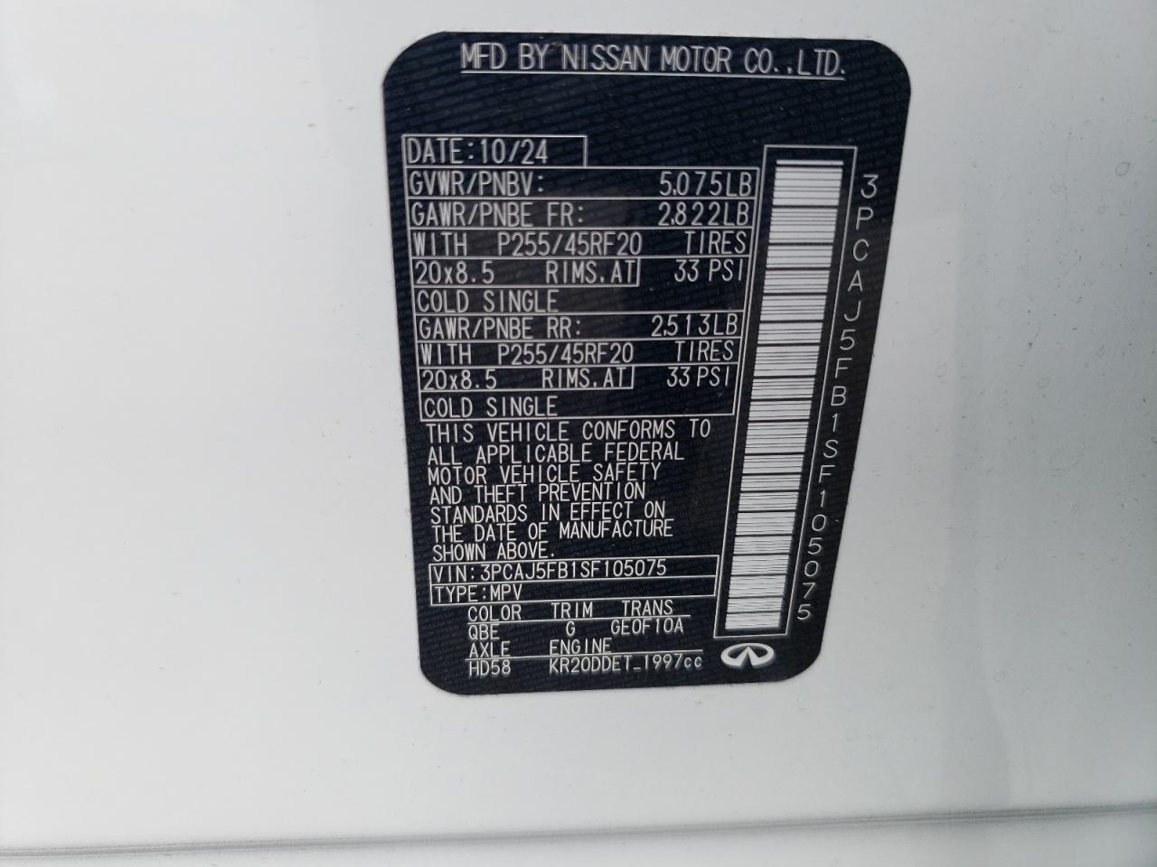 2025 Infiniti Qx50 Sport VIN: 3PCAJ5FB1SF105075 Lot: 61851835