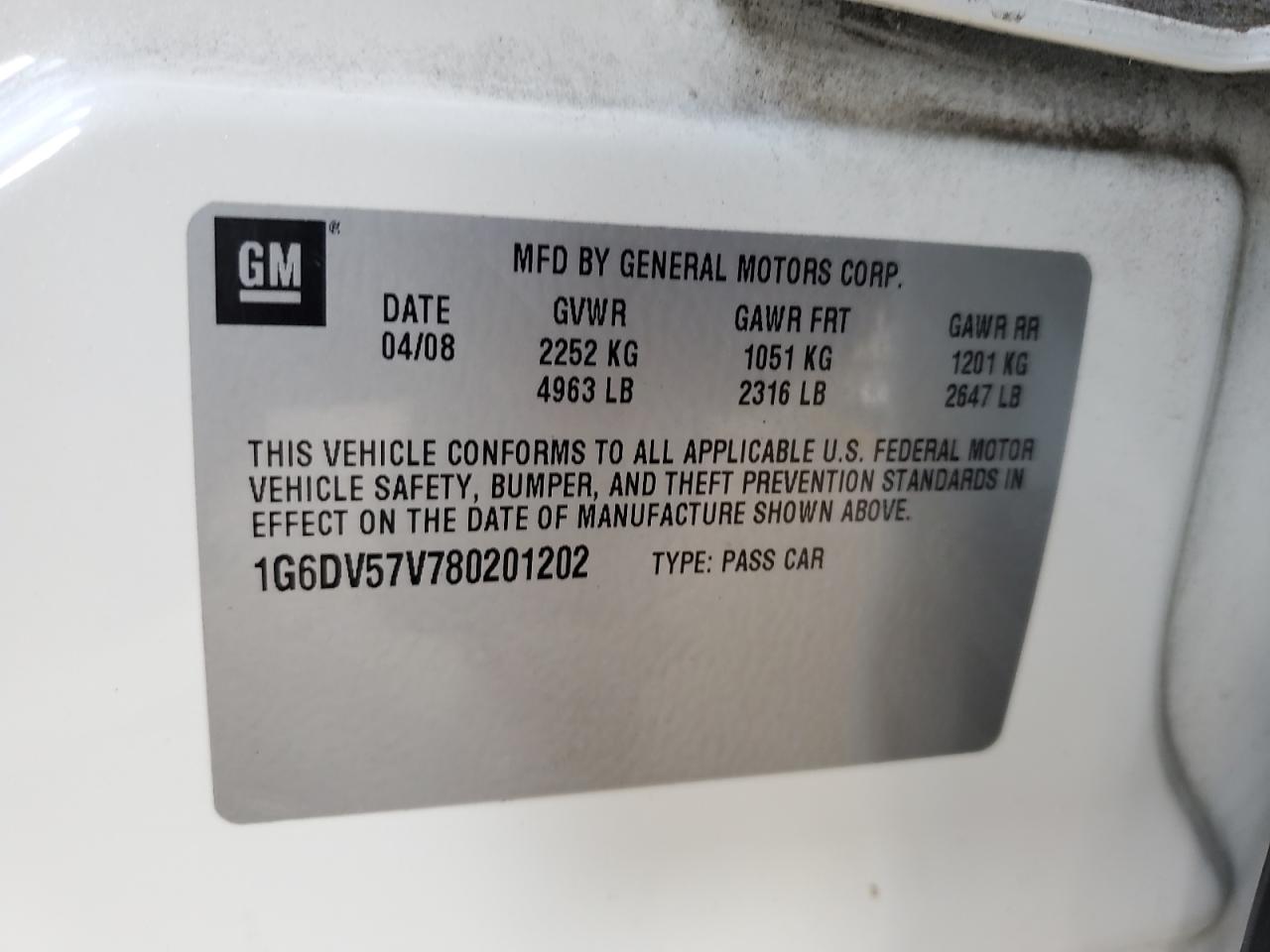 2008 Cadillac Cts Hi Feature V6 VIN: 1G6DV57V780201202 Lot: 62211535