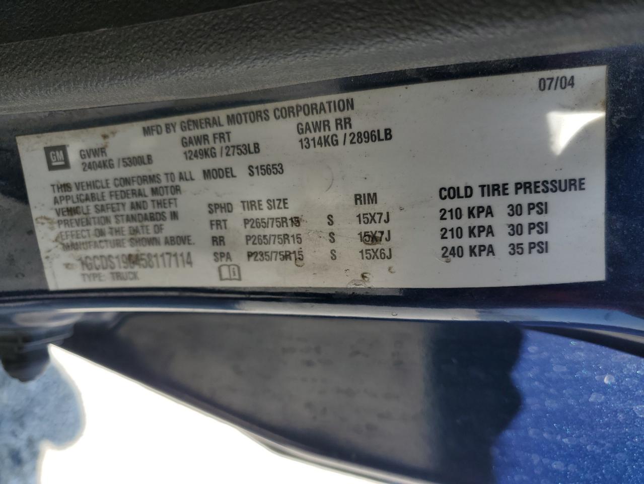 2005 Chevrolet Colorado VIN: 1GCDS196458117114 Lot: 62547165