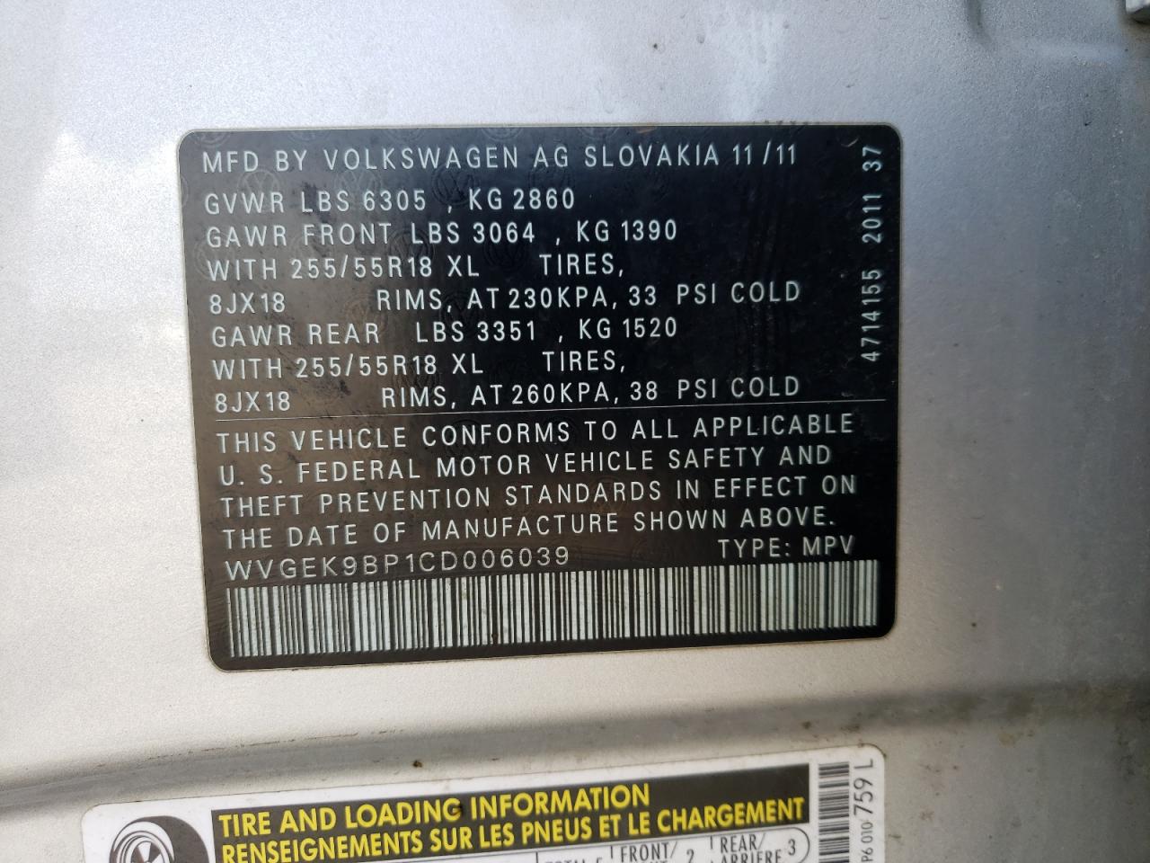 2012 Volkswagen Touareg V6 Tdi VIN: WVGEK9BP1CD006039 Lot: 61285205