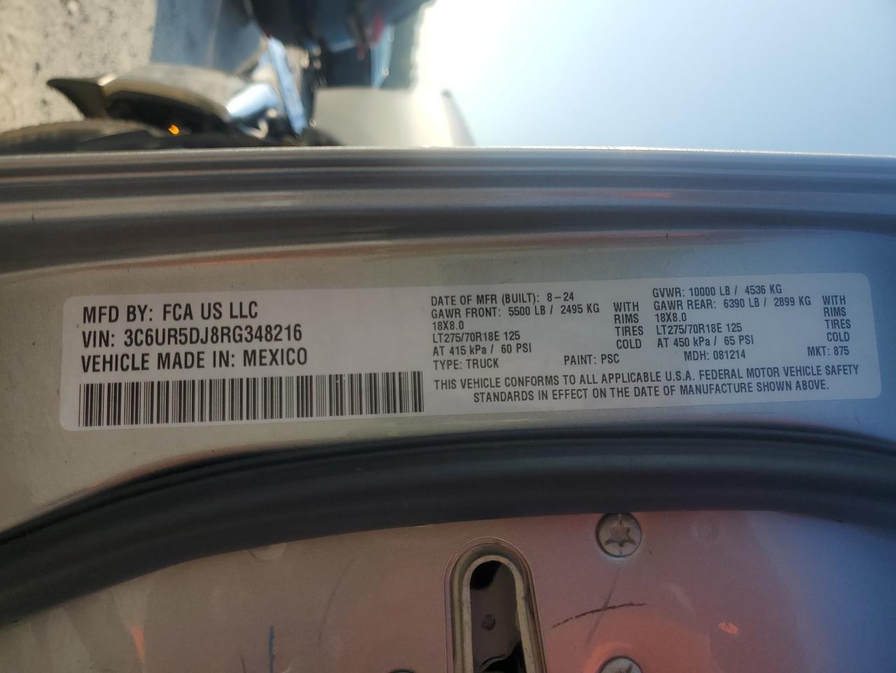 2024 Ram 2500 Big Horn VIN: 3C6UR5DJ8RG348216 Lot: 61998405