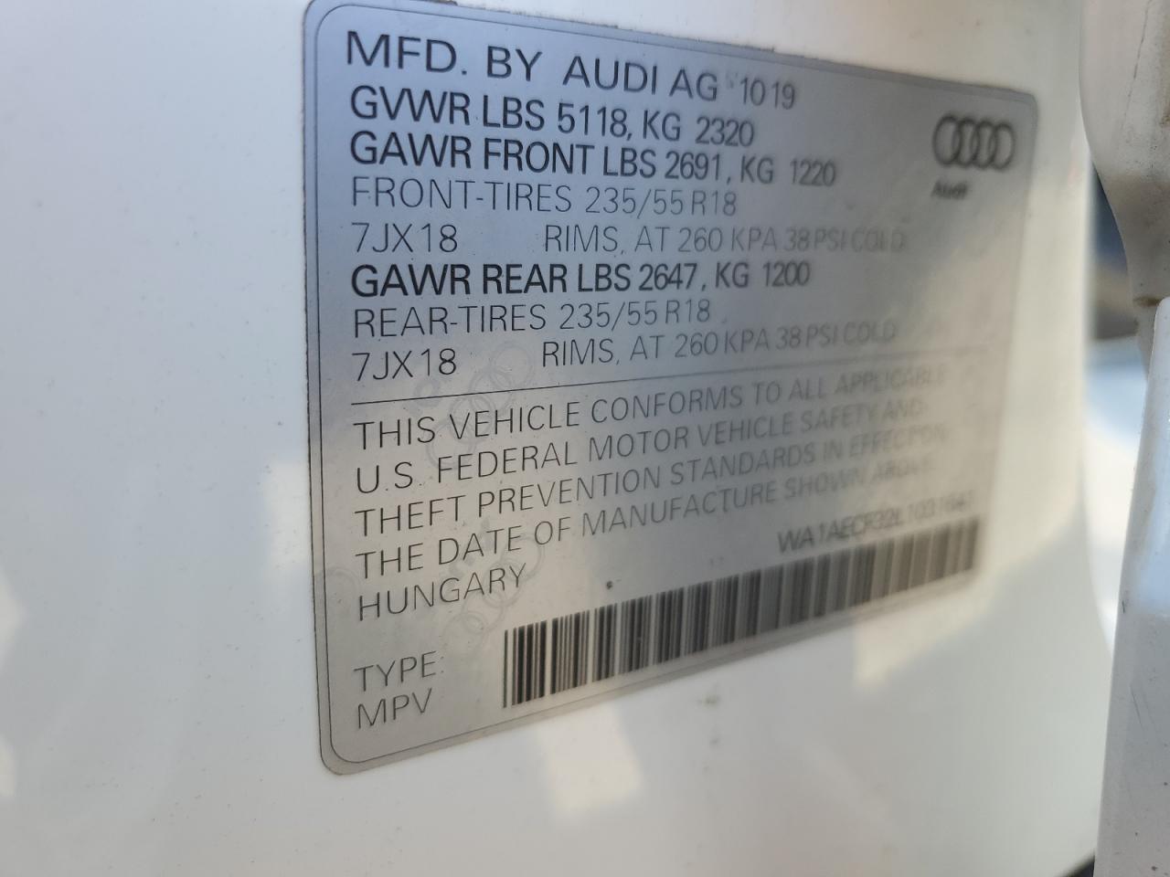 2020 Audi Q3 Premium VIN: WA1AECF32L1031641 Lot: 60266275