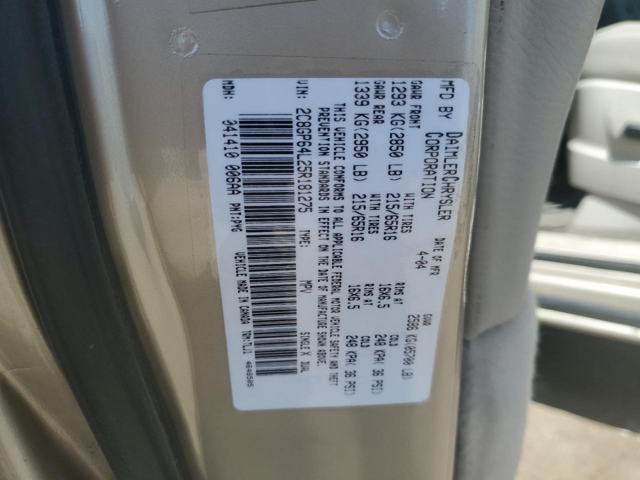 2005 Chrysler Town & Country Limited VIN: 2C8GP64L25R181275 Lot: 62170025