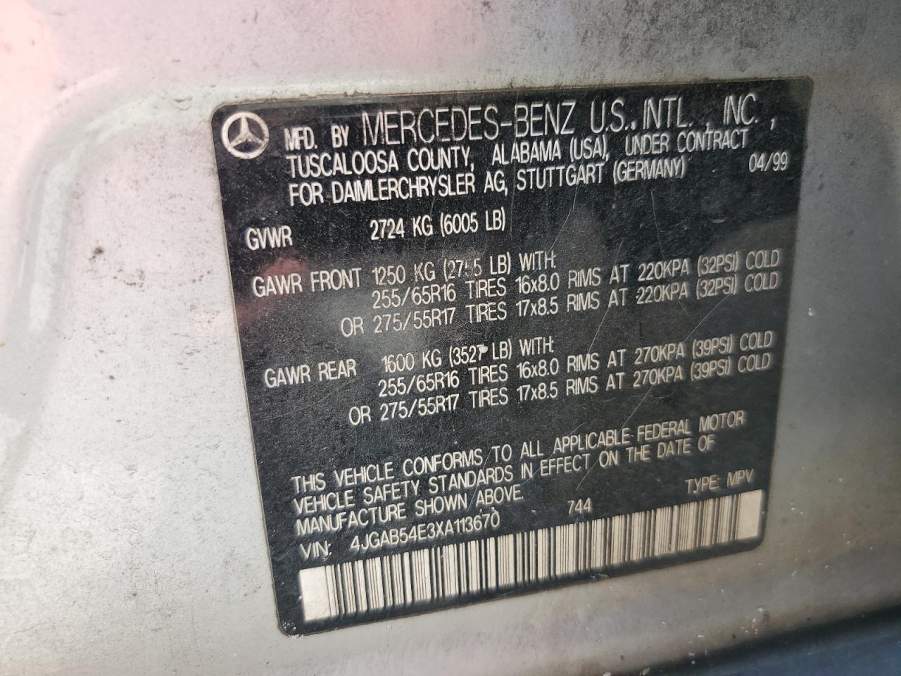 1999 Mercedes-Benz Ml 320 VIN: 4JGAB54E3XA113670 Lot: 60573515