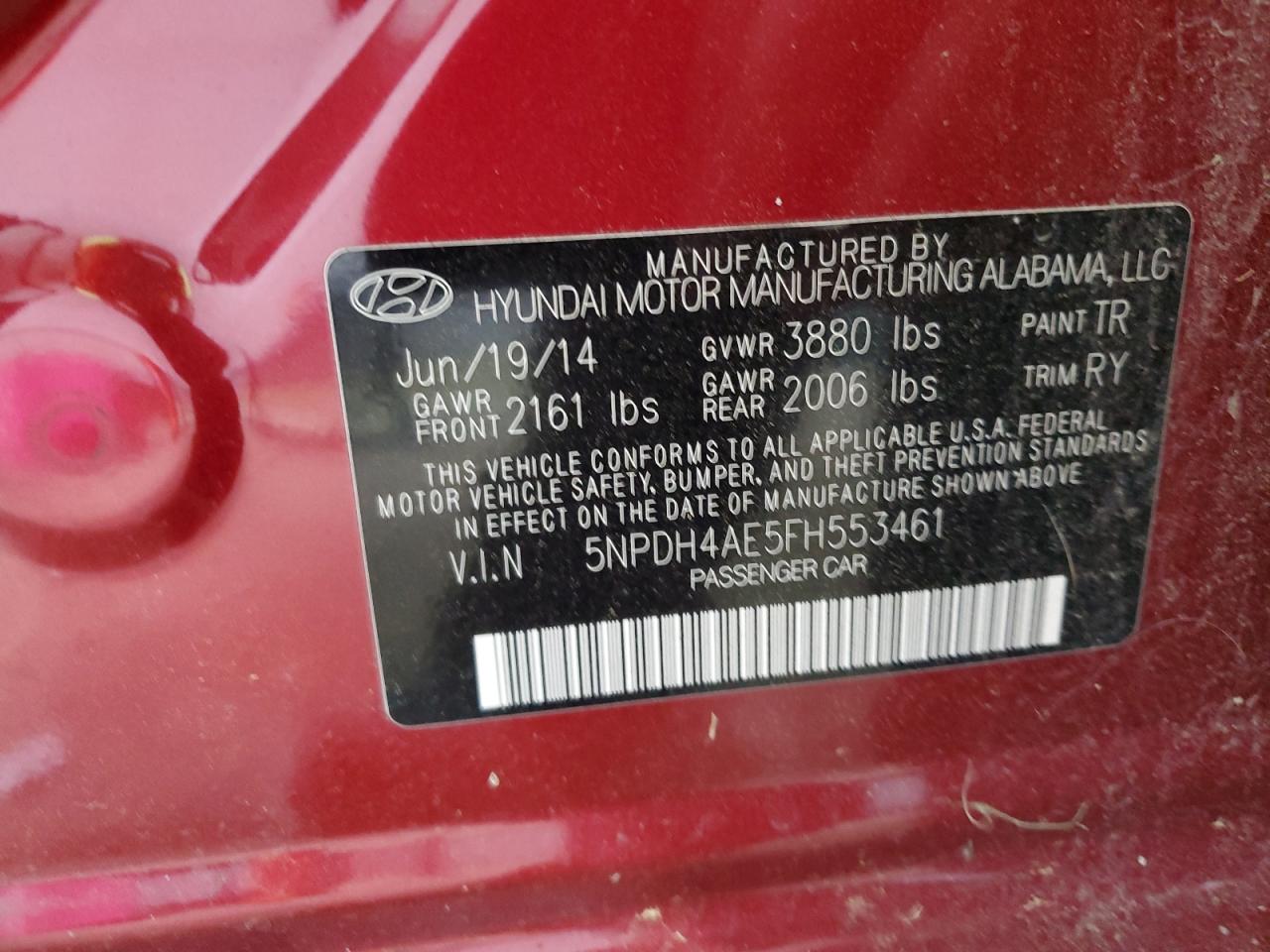 HYUNDAI ELANTRA 2015 VIN 5NPDH4AE5FH553461 фото 12