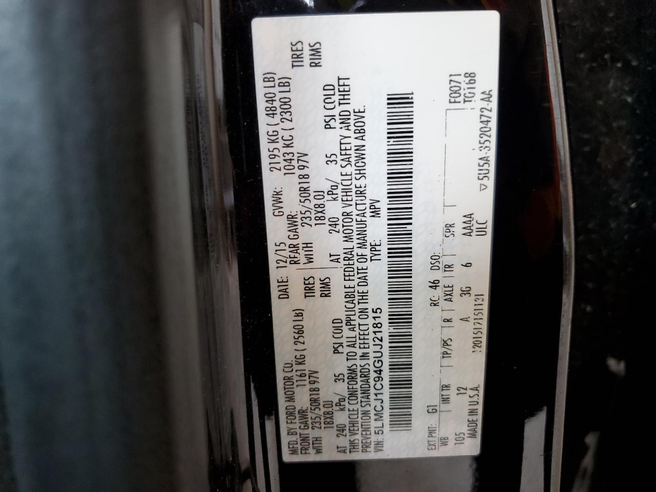 2016 Lincoln Mkc Premiere VIN: 5LMCJ1C94GUJ21815 Lot: 61552955