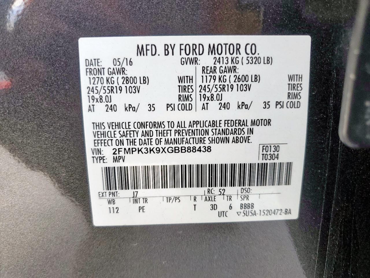 2016 Ford Edge Titanium VIN: 2FMPK3K9XGBB88438 Lot: 62934065