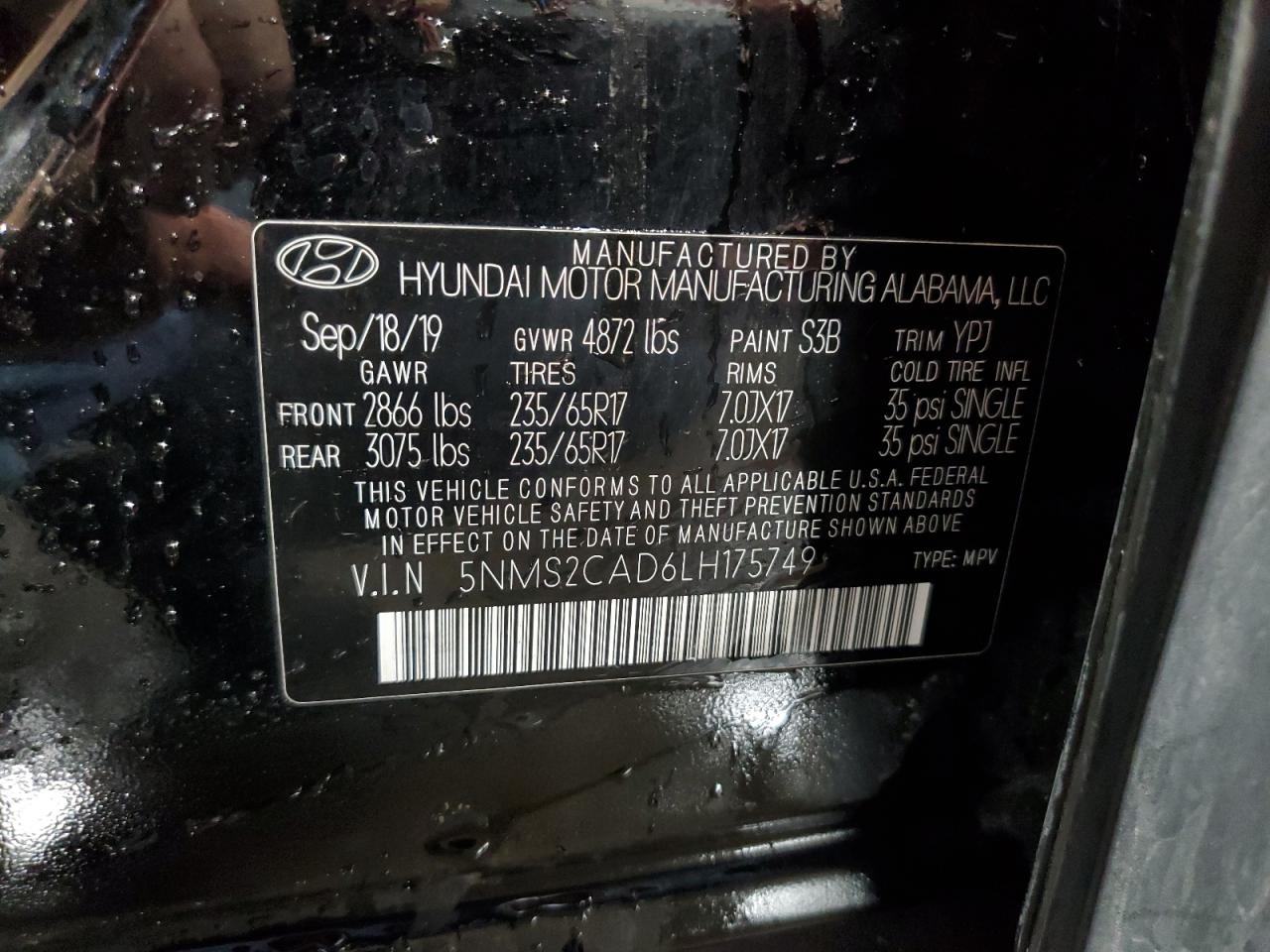 2020 Hyundai Santa Fe Se VIN: 5NMS2CAD6LH175749 Lot: 60629535