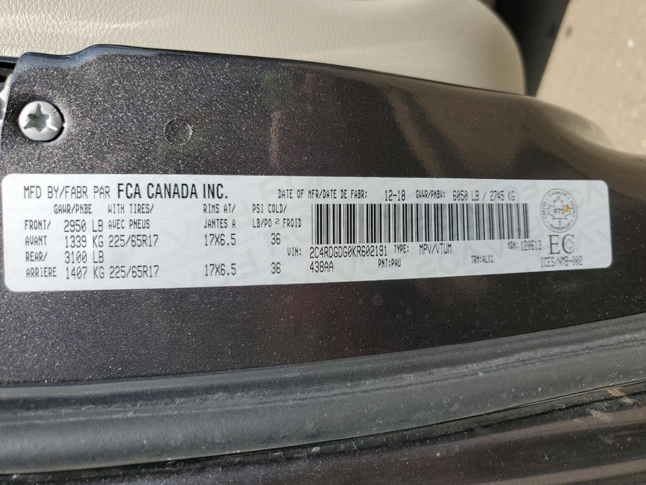 2019 Dodge Grand Caravan Crew VIN: 2C4RDGDG0KR602191 Lot: 62077185
