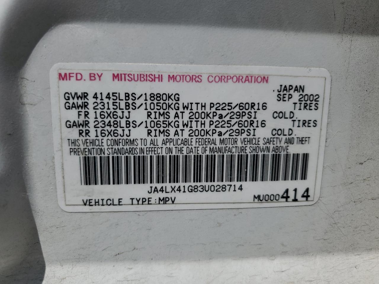 2003 Mitsubishi Outlander Xls VIN: JA4LX41G83U028714 Lot: 62358625