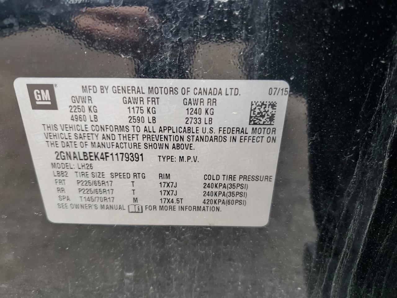 2015 Chevrolet Equinox Lt VIN: 2GNALBEK4F1179391 Lot: 60291535