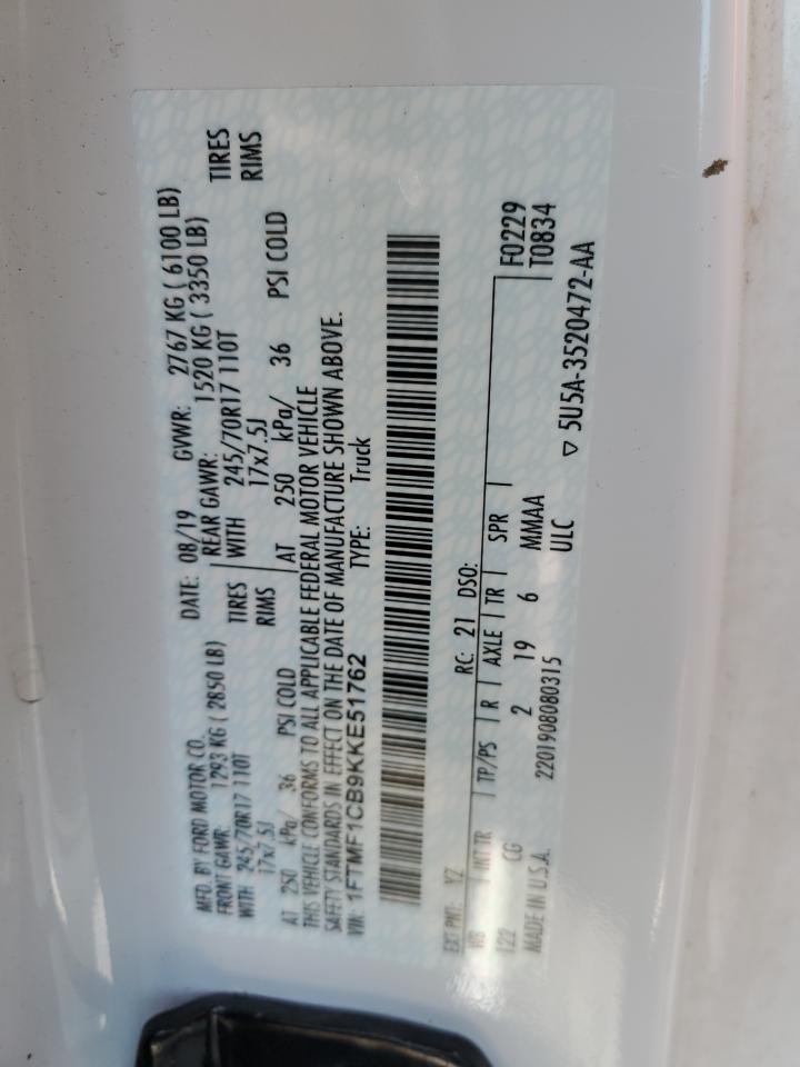 2019 Ford F150 VIN: 1FTMF1CB9KKE51762 Lot: 60053545