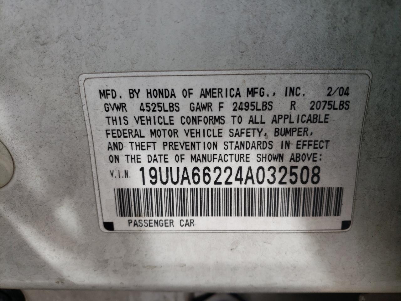 2004 Acura Tl VIN: 19UUA66224A032508 Lot: 63094095