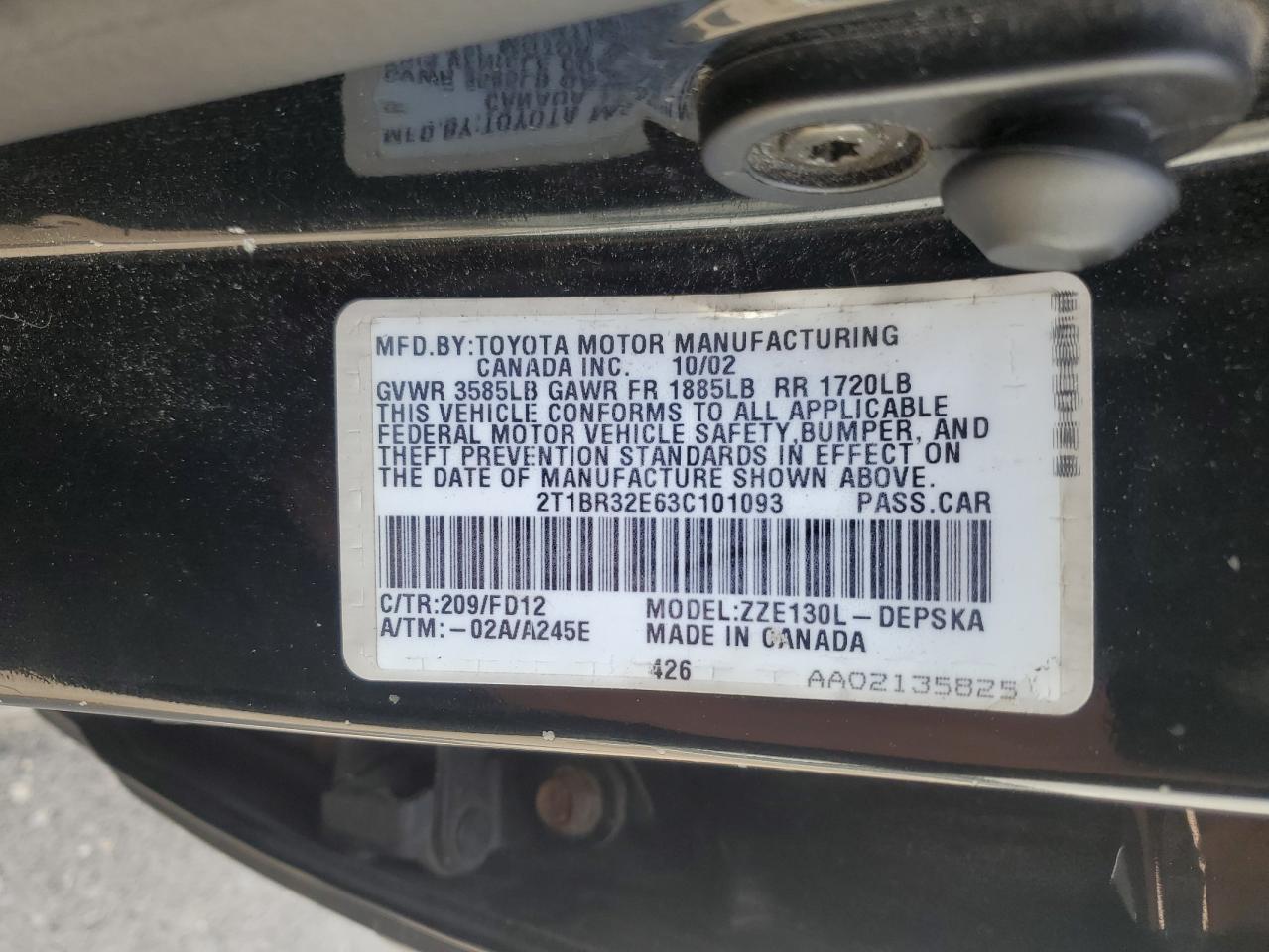 2003 Toyota Corolla Ce VIN: 2T1BR32E63C101093 Lot: 63048065