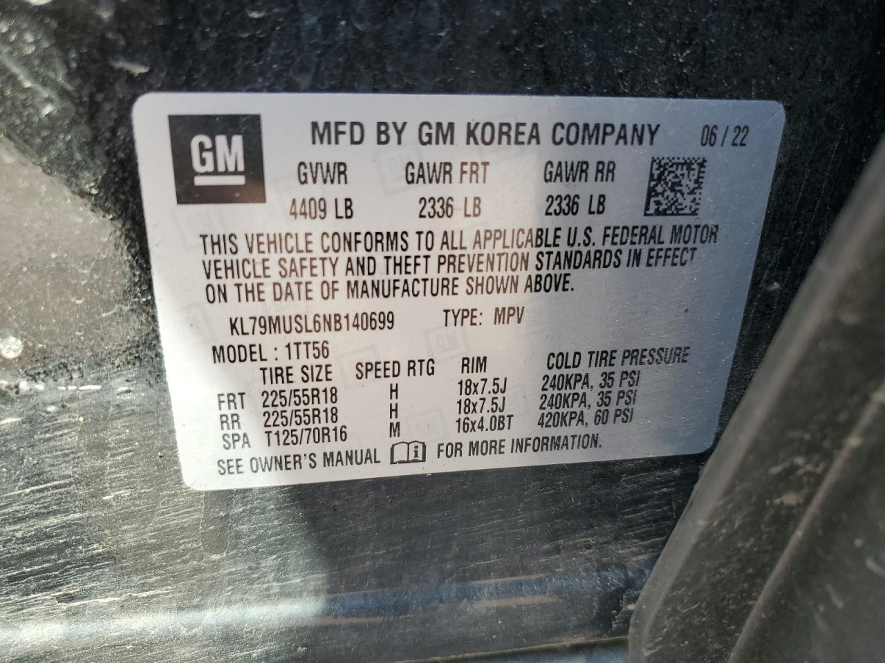 2022 Chevrolet Trailblazer Rs VIN: KL79MUSL6NB140699 Lot: 60268925
