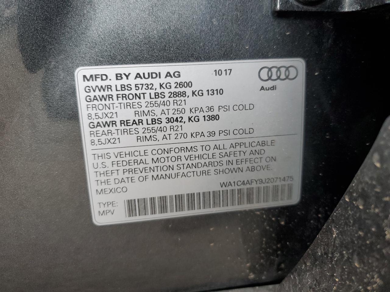 2018 Audi Sq5 Prestige VIN: WA1C4AFY9J2071475 Lot: 62203865